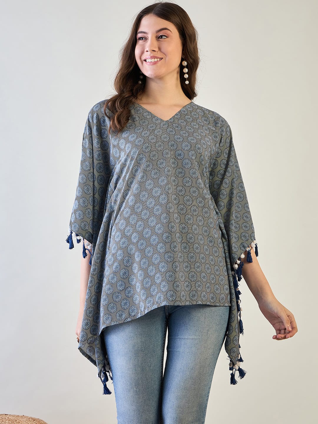 Stylish Blue Printed Crepe Kaftan Top with Tassel Details - Image 4