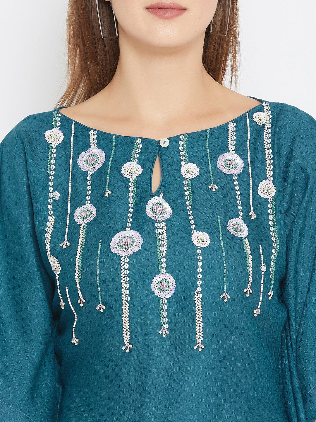 Teal Blue Kaftan Top with Sequin Hand Embroidery - Image 5