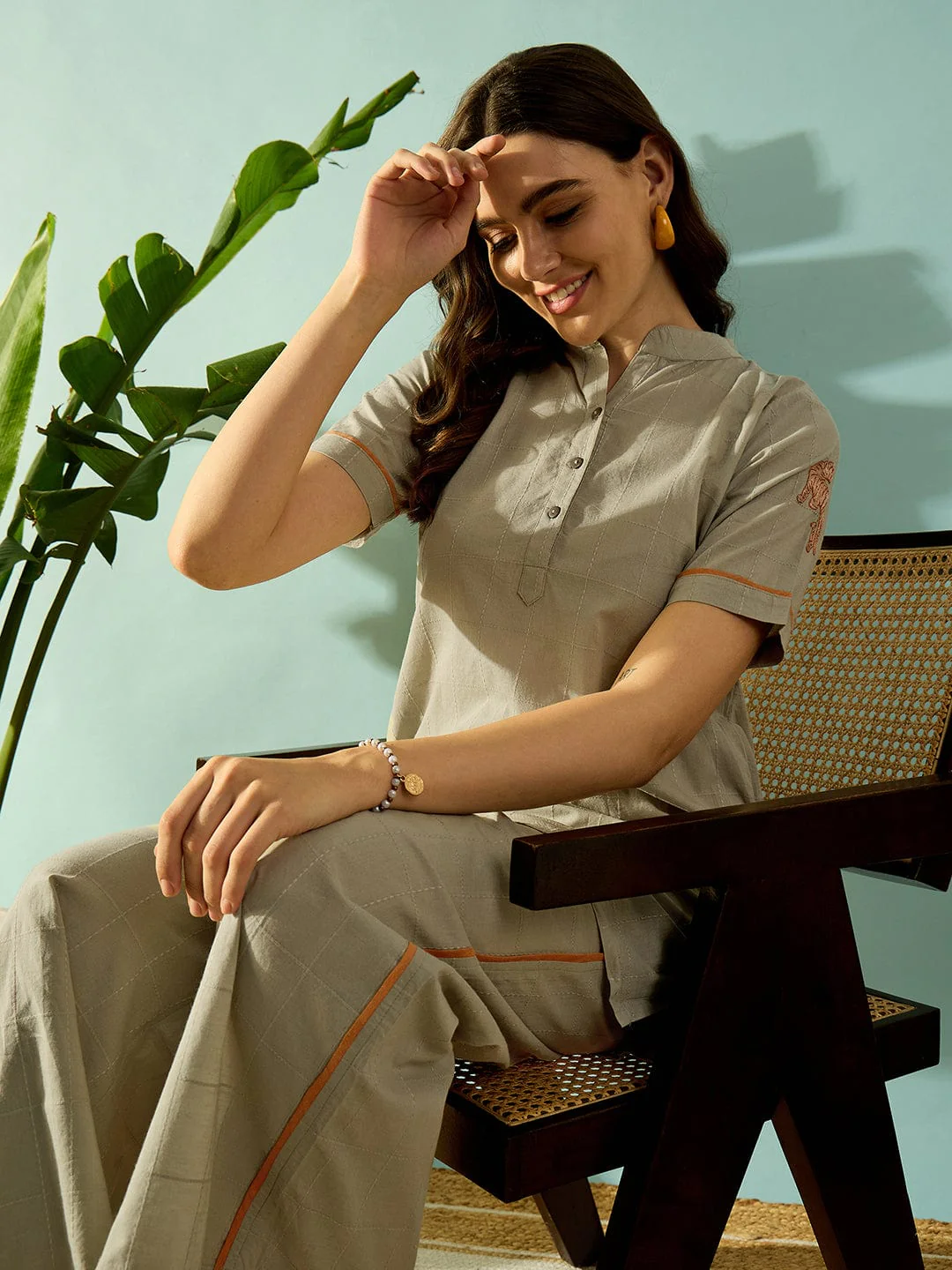 Tiger Embroidered Olive Green Cotton  Coord Set - Image 5