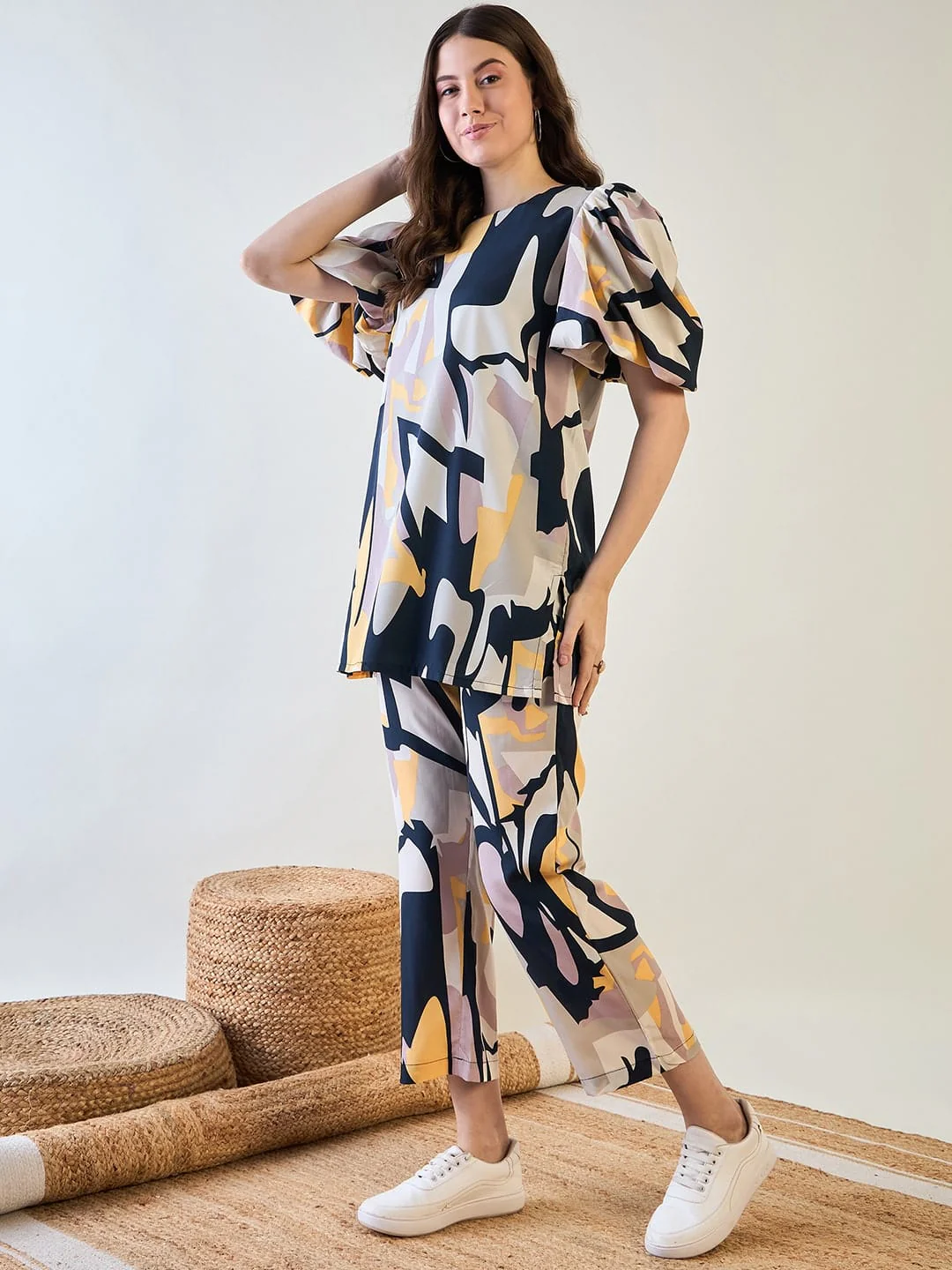 Trendy Crepe Coord Set with Vibrant Patterns - Image 3