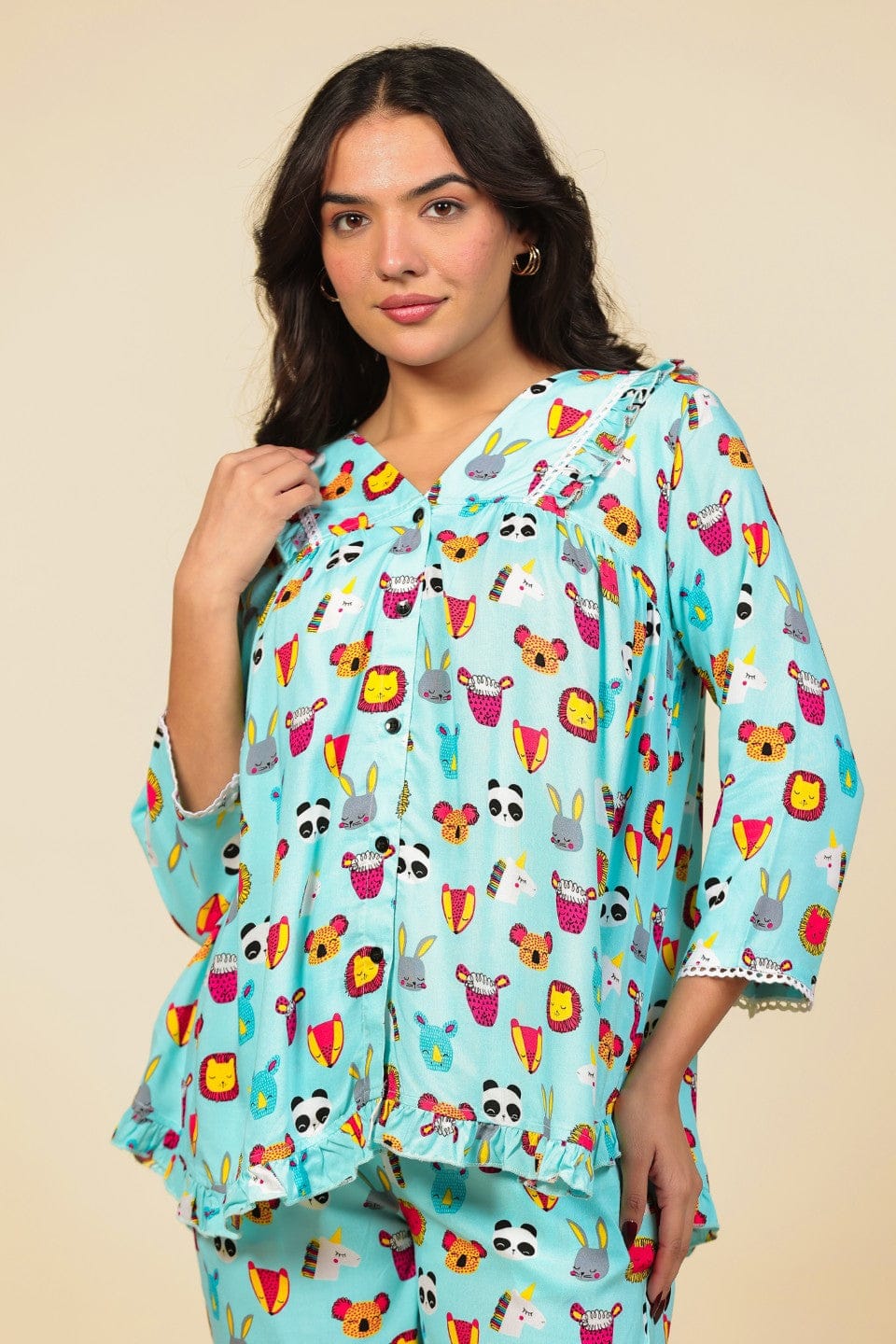 Turquoise Animal Motif Print Viscose Nightsuit with Ruffle and Lace Detail - Image 4