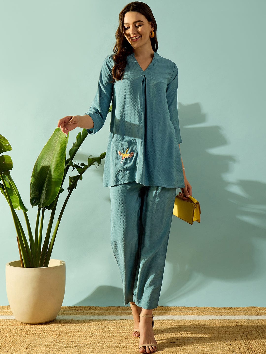 Turquoise Bird Embroidered Cotton Coord set - Image 3