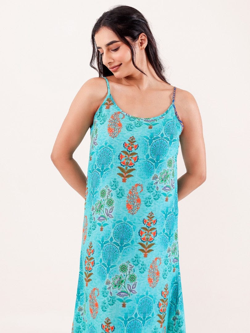 Turquoise Printed Modal Negligee with Spaghetti Straps - Image 4