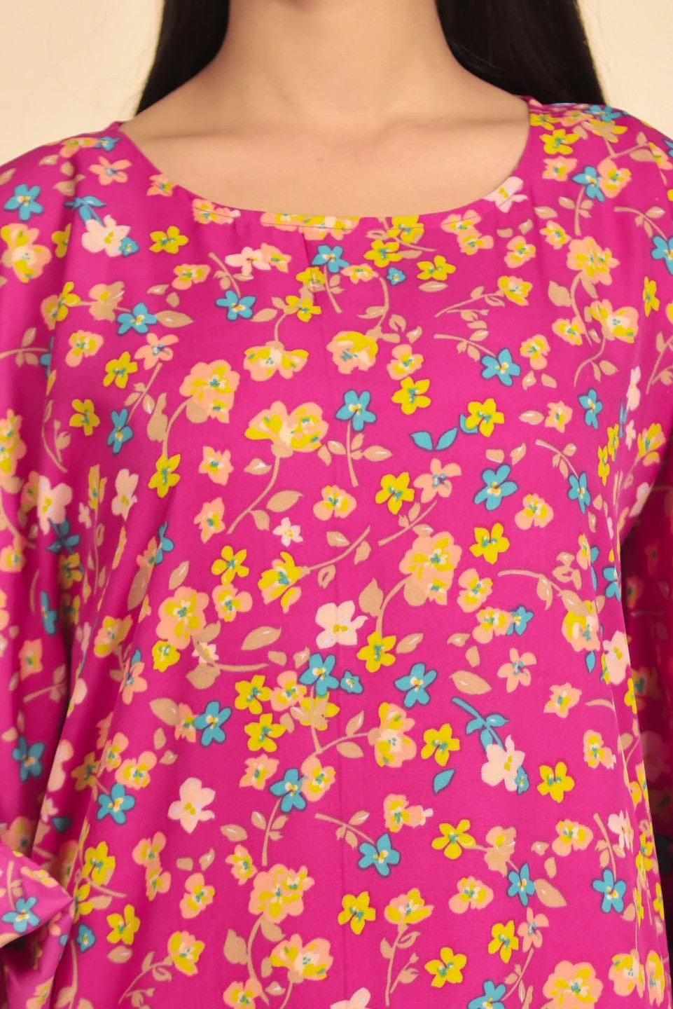 Vibrant Pink Floral Print Nighty with Ruffled Cape Sleeves - Image 4