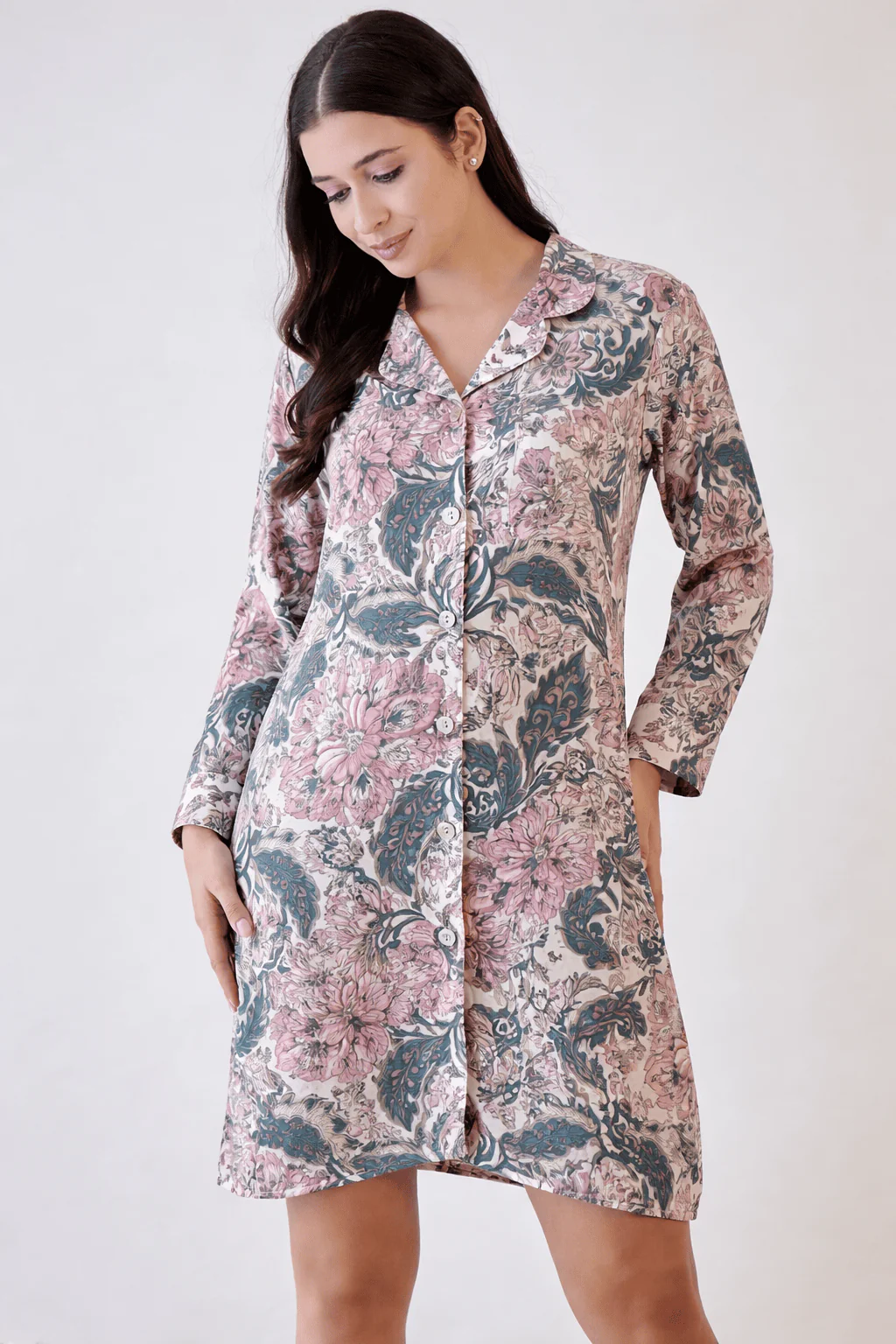 Viscose Linen Blend Floral Button-Front Sleepshirt - Image 2
