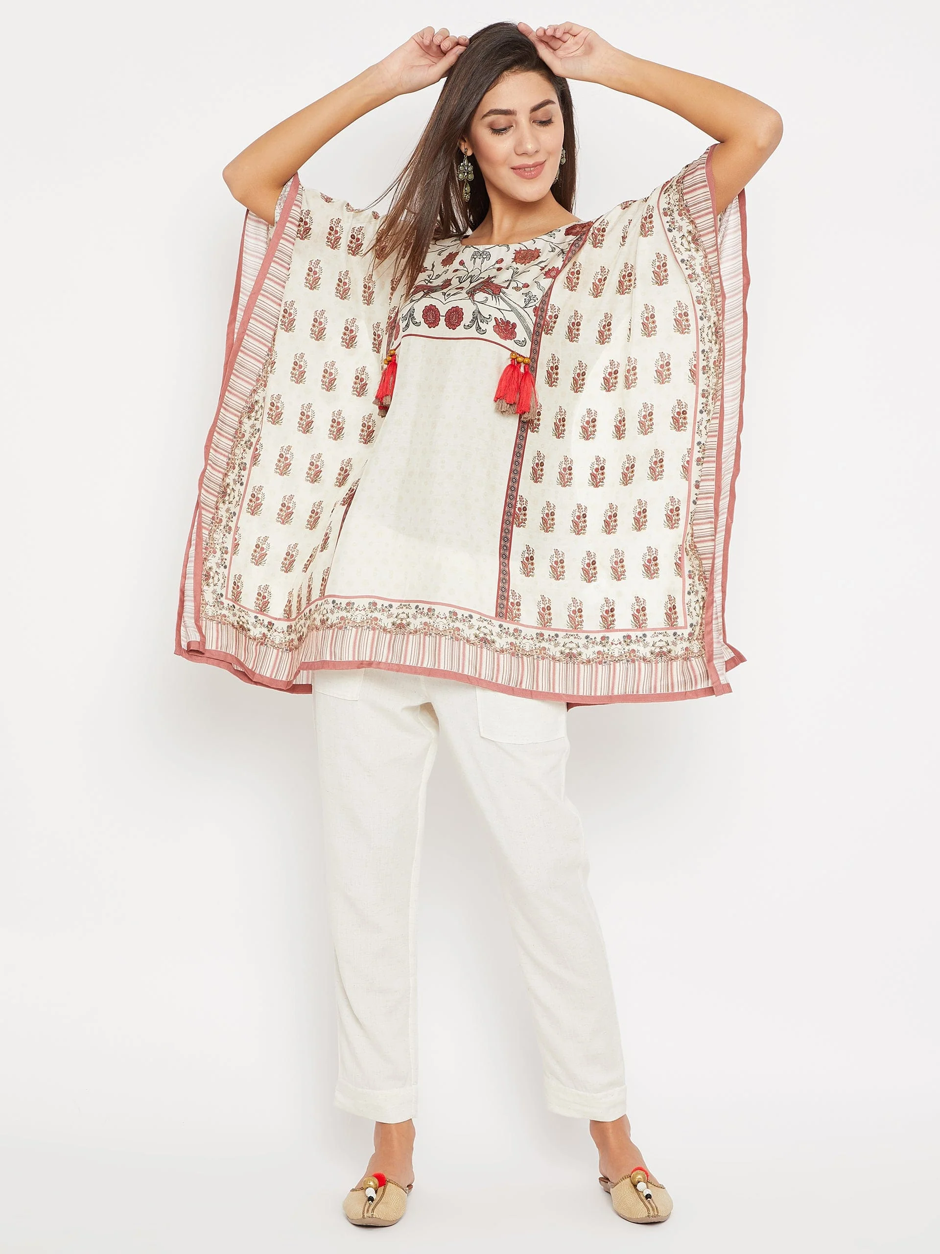 White And Pink floral Dream Printed Kaftan Top - Image 2