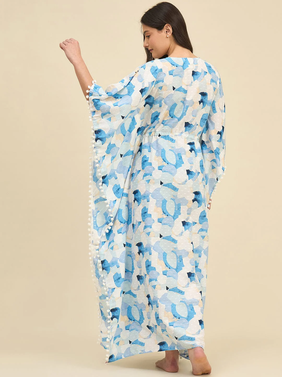 White & Blue Printed Cotton Kaftan – Lace Trim Neckline & Pom-Pom Edges - Image 3