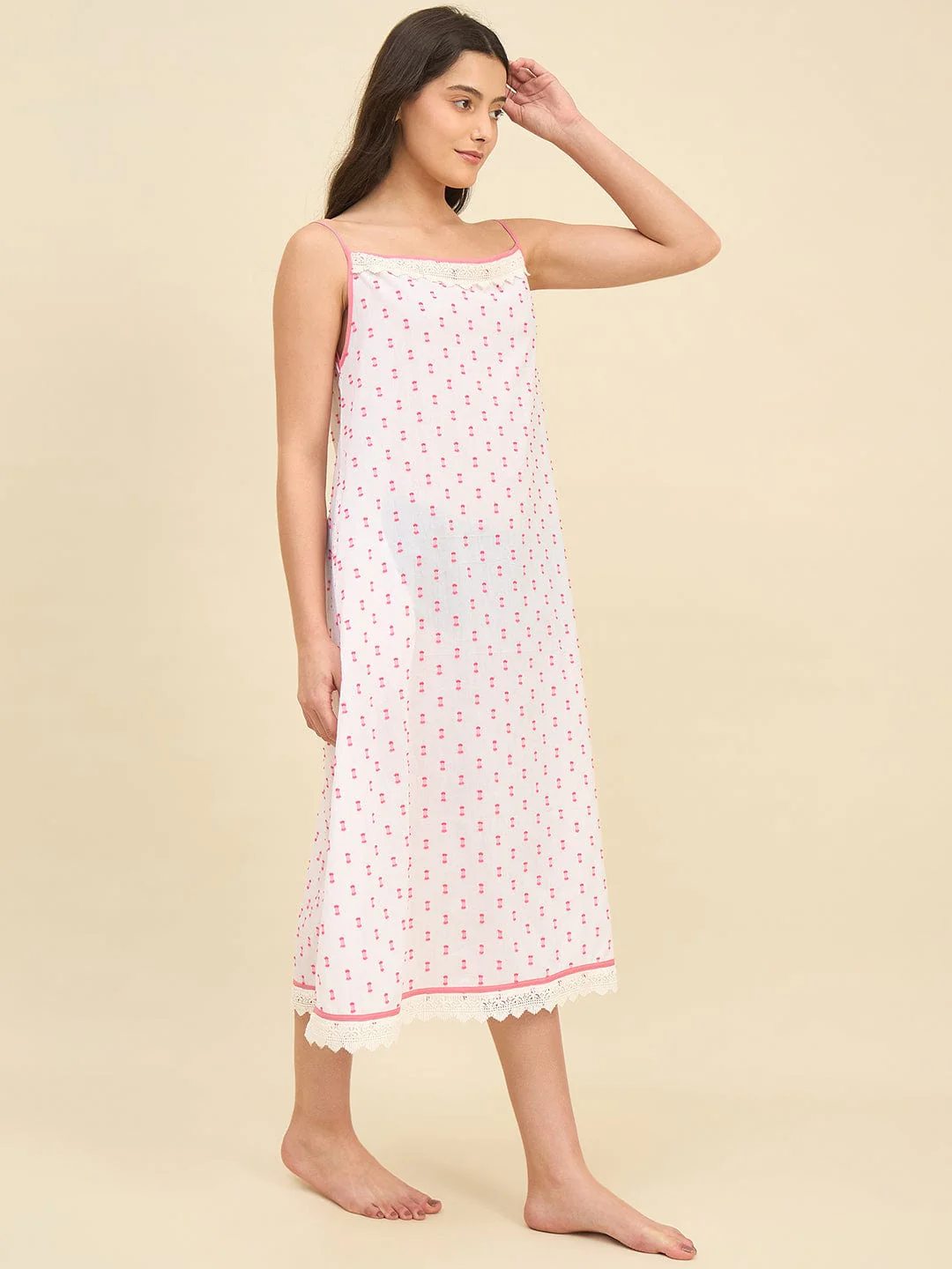 White Cotton Negligee with Pink Thread Embroidery and Lace Detail - Image 3
