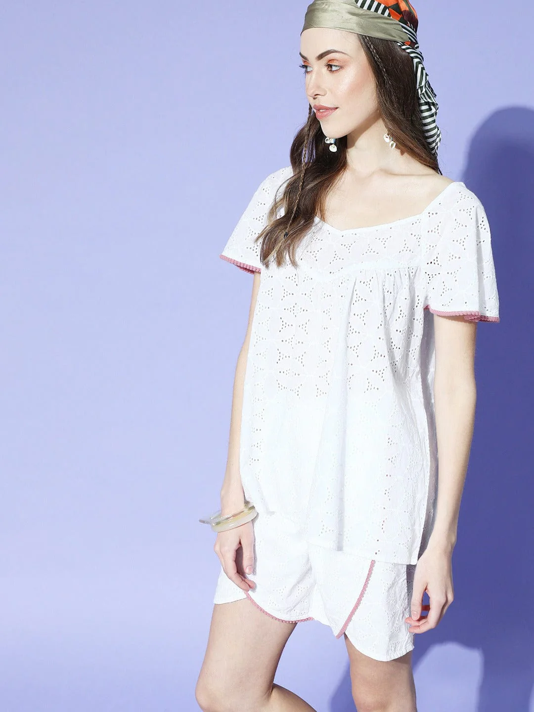 White Cotton Schiffli Wrap Shorts Set - Image 3