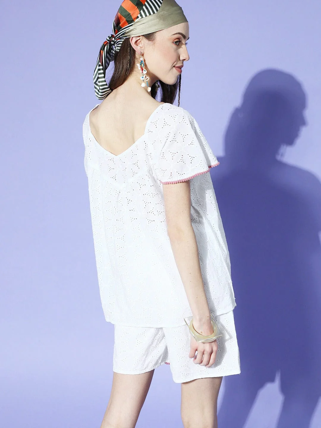 White Cotton Schiffli Wrap Shorts Set - Image 4
