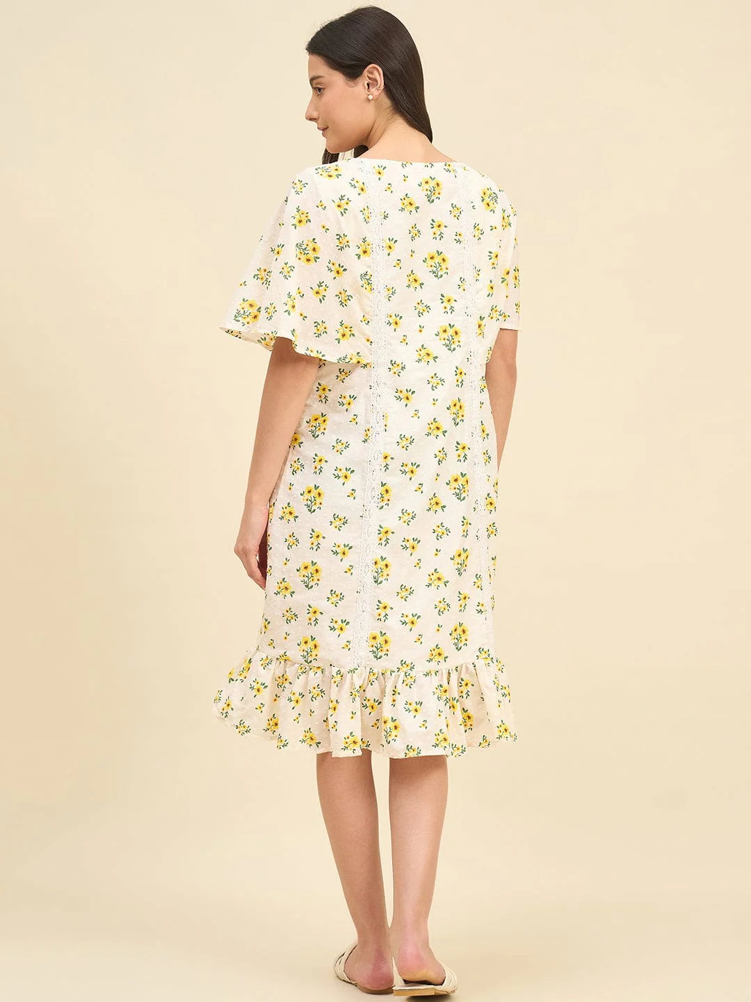 White Cotton Summer Dress with Yellow Floral Print & Lace Trim - Image 4