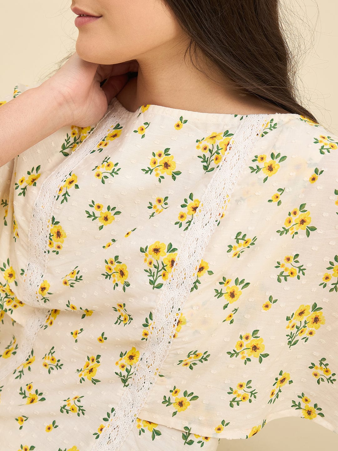 White Cotton Summer Dress with Yellow Floral Print & Lace Trim - Image 5