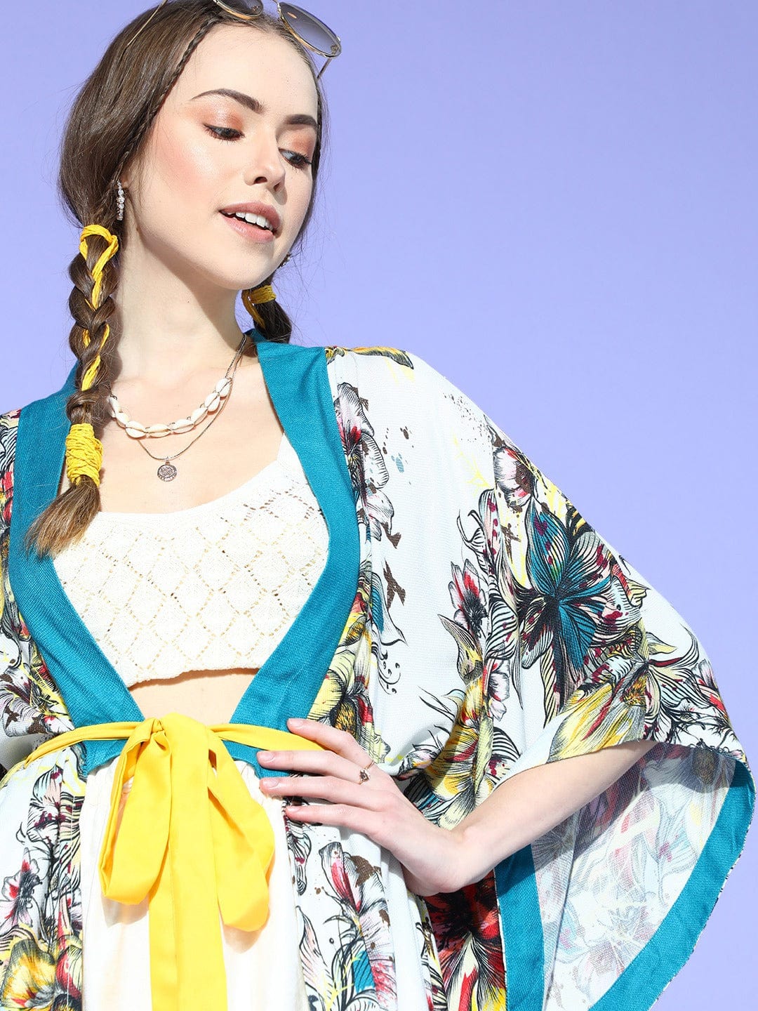 White Floral Line Resort Kaftan Coverup - Image 3
