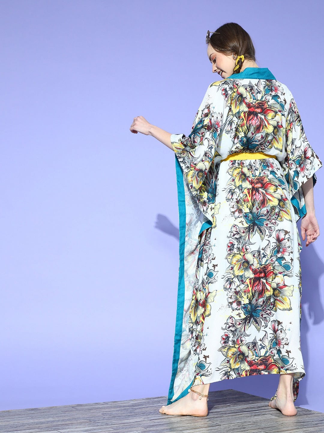 White Floral Line Resort Kaftan Coverup - Image 4