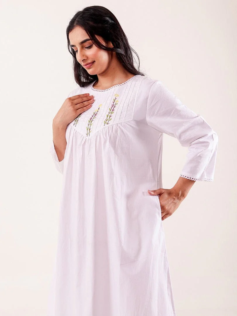 White Hand Embroidered Cotton Nightdress - Image 5