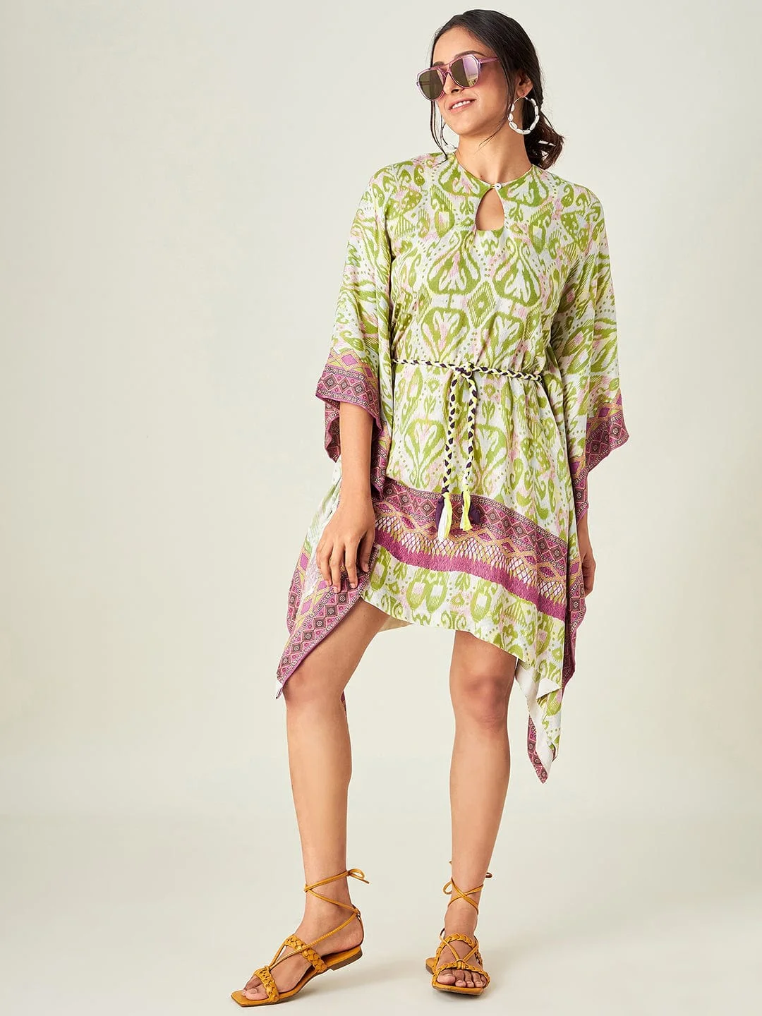 White Ikkat Print Resort Kaftan - Image 3