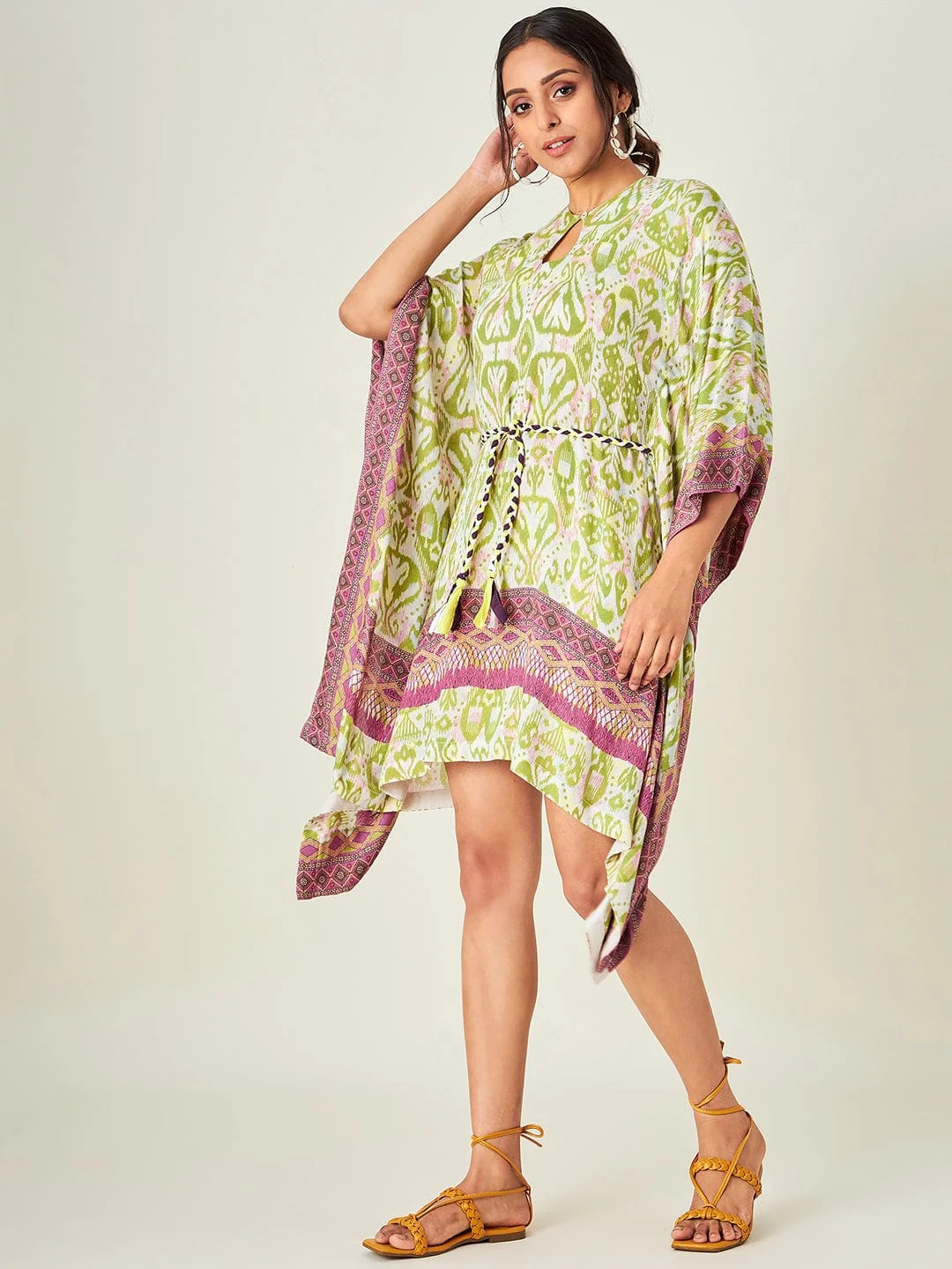 White Ikkat Print Resort Kaftan - Image 4