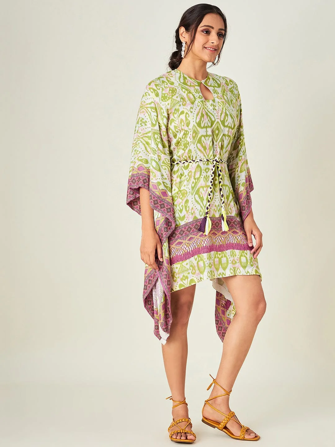 White Ikkat Print Resort Kaftan - Image 5