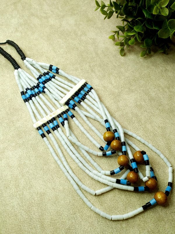 White Naga and Wooden Bead Necklace with Blue Accents - Image 3