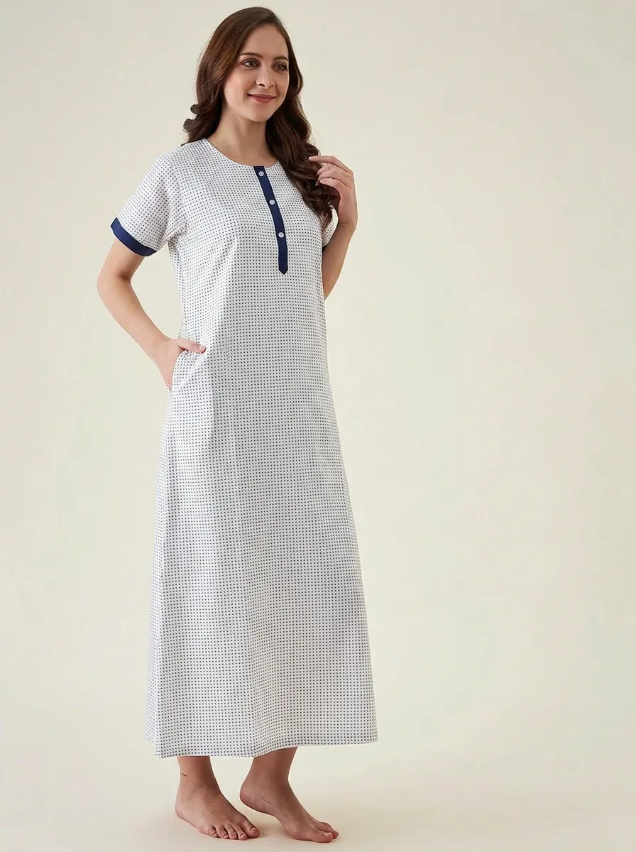 White Navy Geometric Print Cotton Nightdress - Image 3