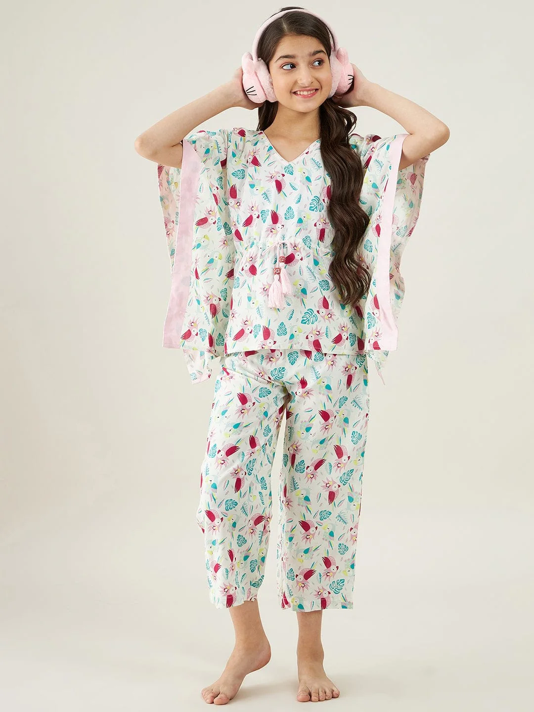 Girls White Parrots Cotton Loungeset - Image 3