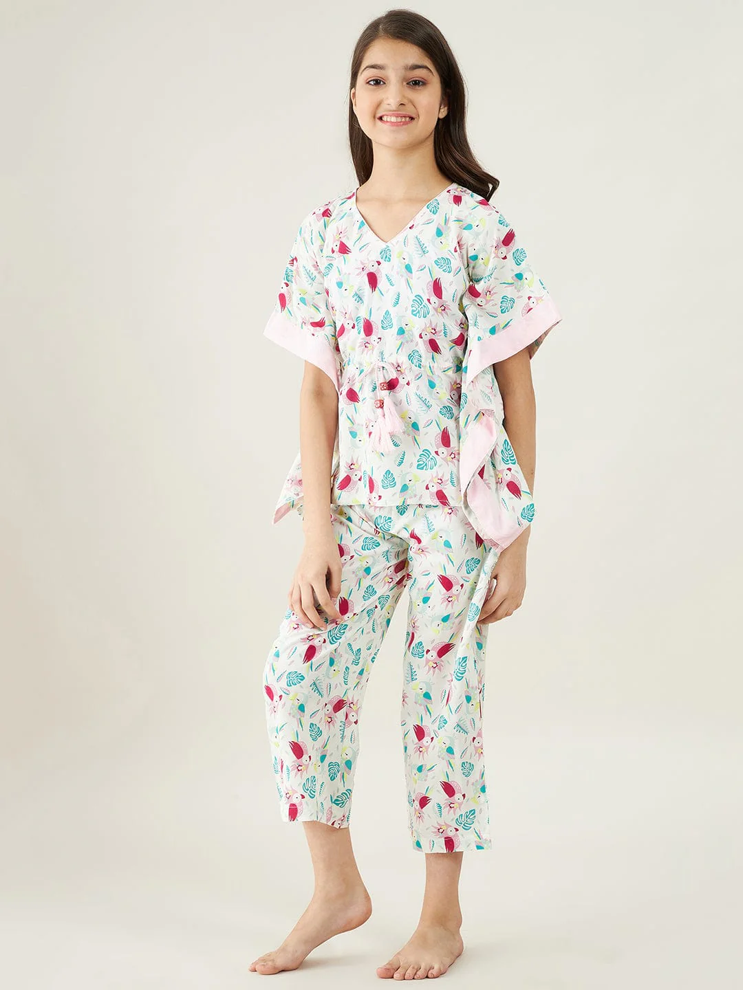 Girls White Parrots Cotton Loungeset - Image 4