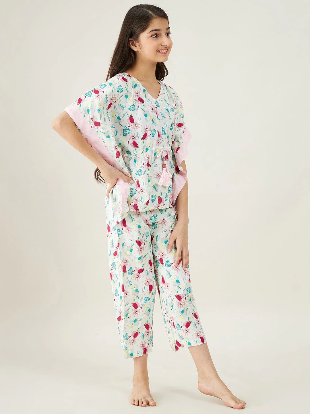 Girls White Parrots Cotton Loungeset - Image 5