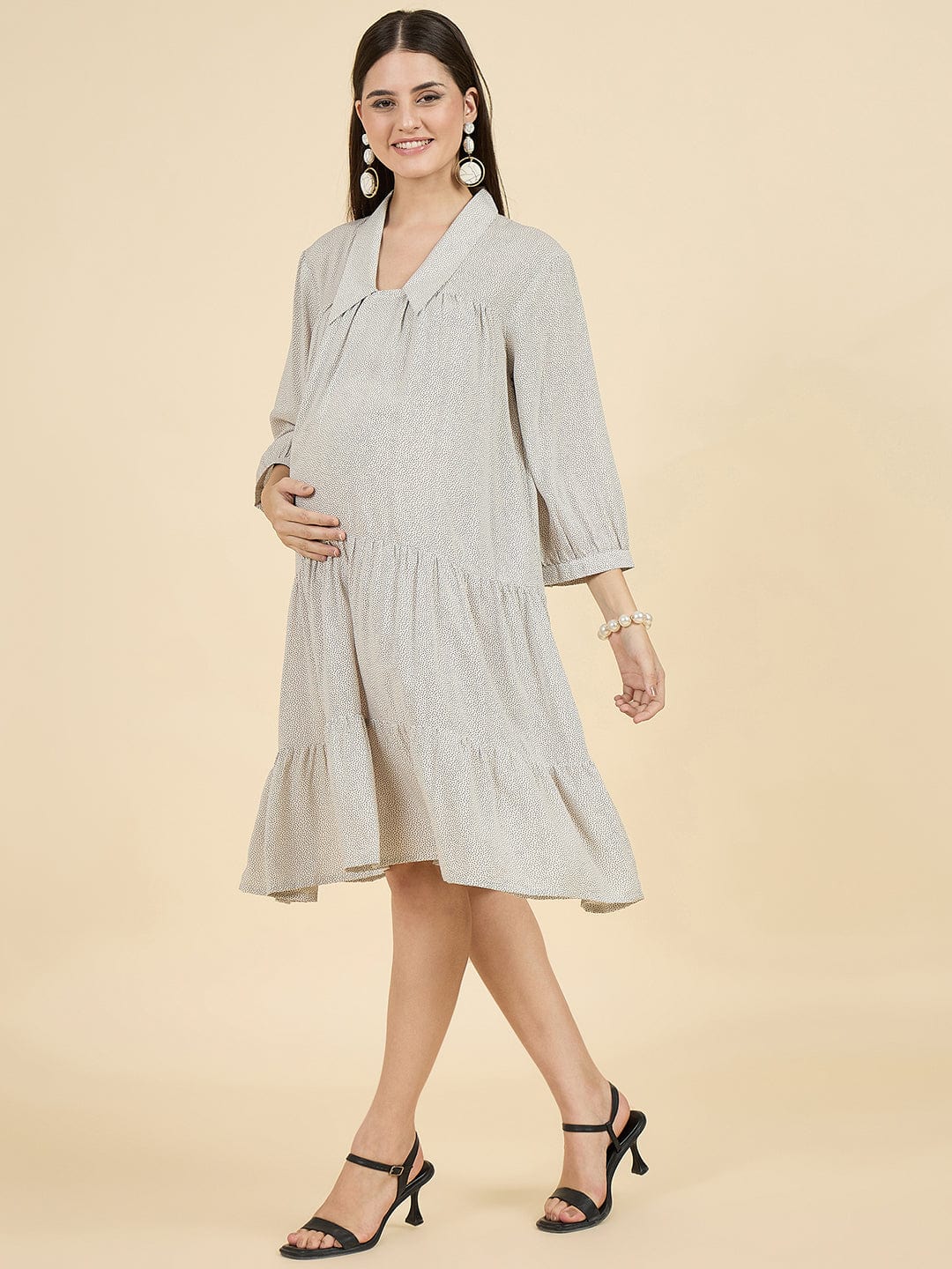 White Polka Dot Modal Maternity Dress – Soft & Flowy Comfort - Image 4