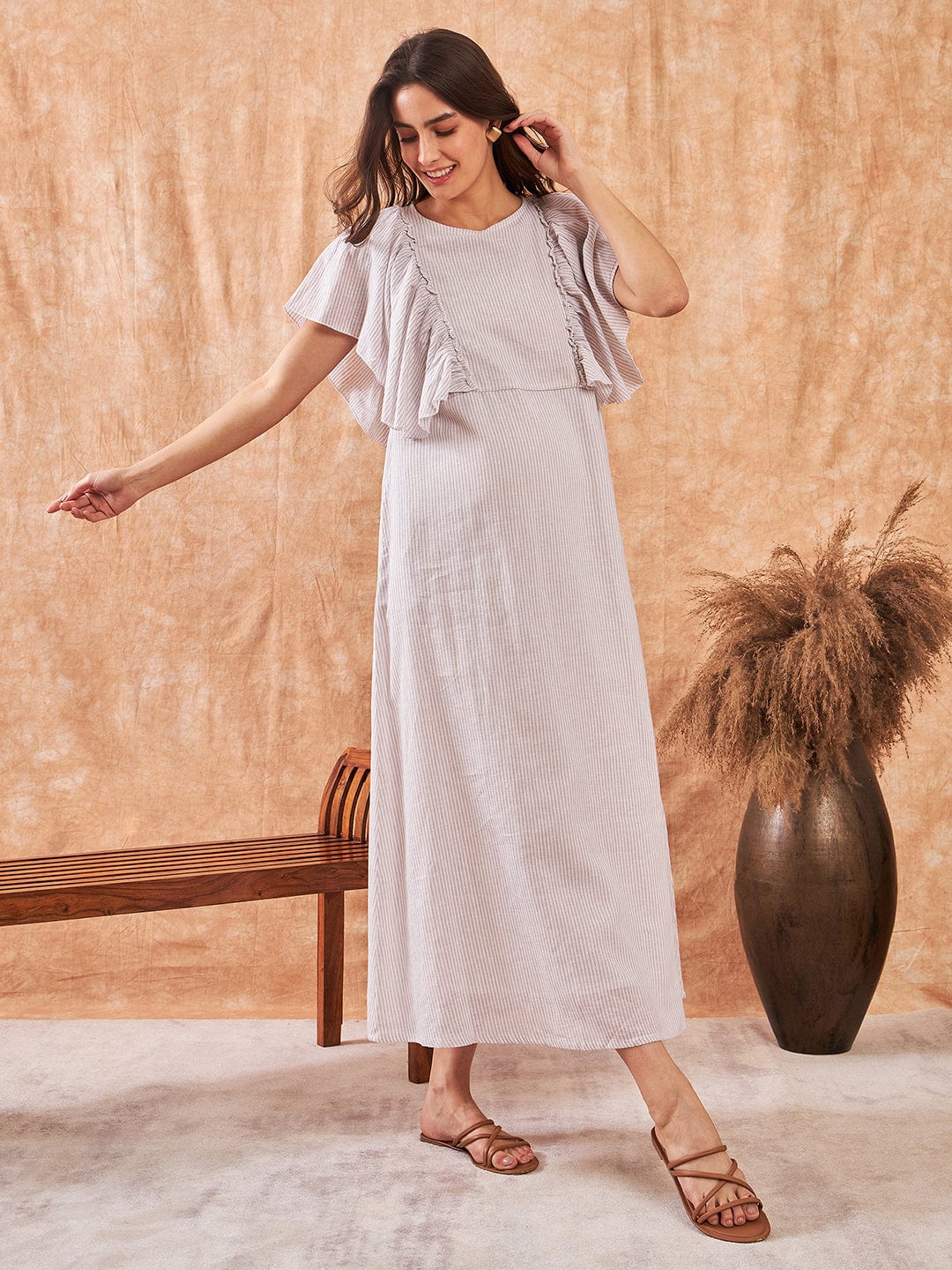 White Striped Cotton Linen Maternity and Feeding Dress - Image 3