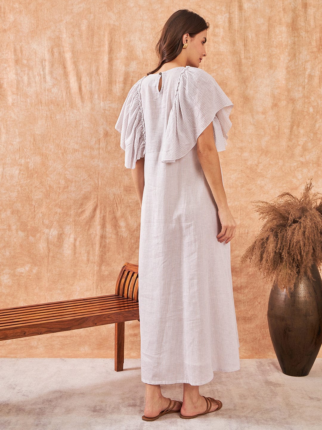 White Striped Cotton Linen Maternity and Feeding Dress - Image 4