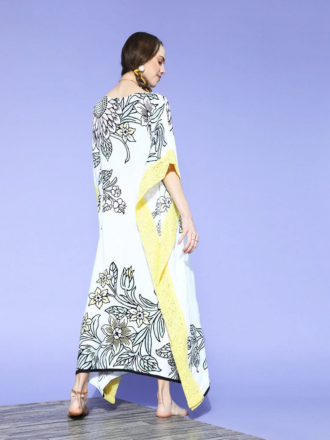 White Sunflowers And Lilies Resortwear Kaftan - Image 5