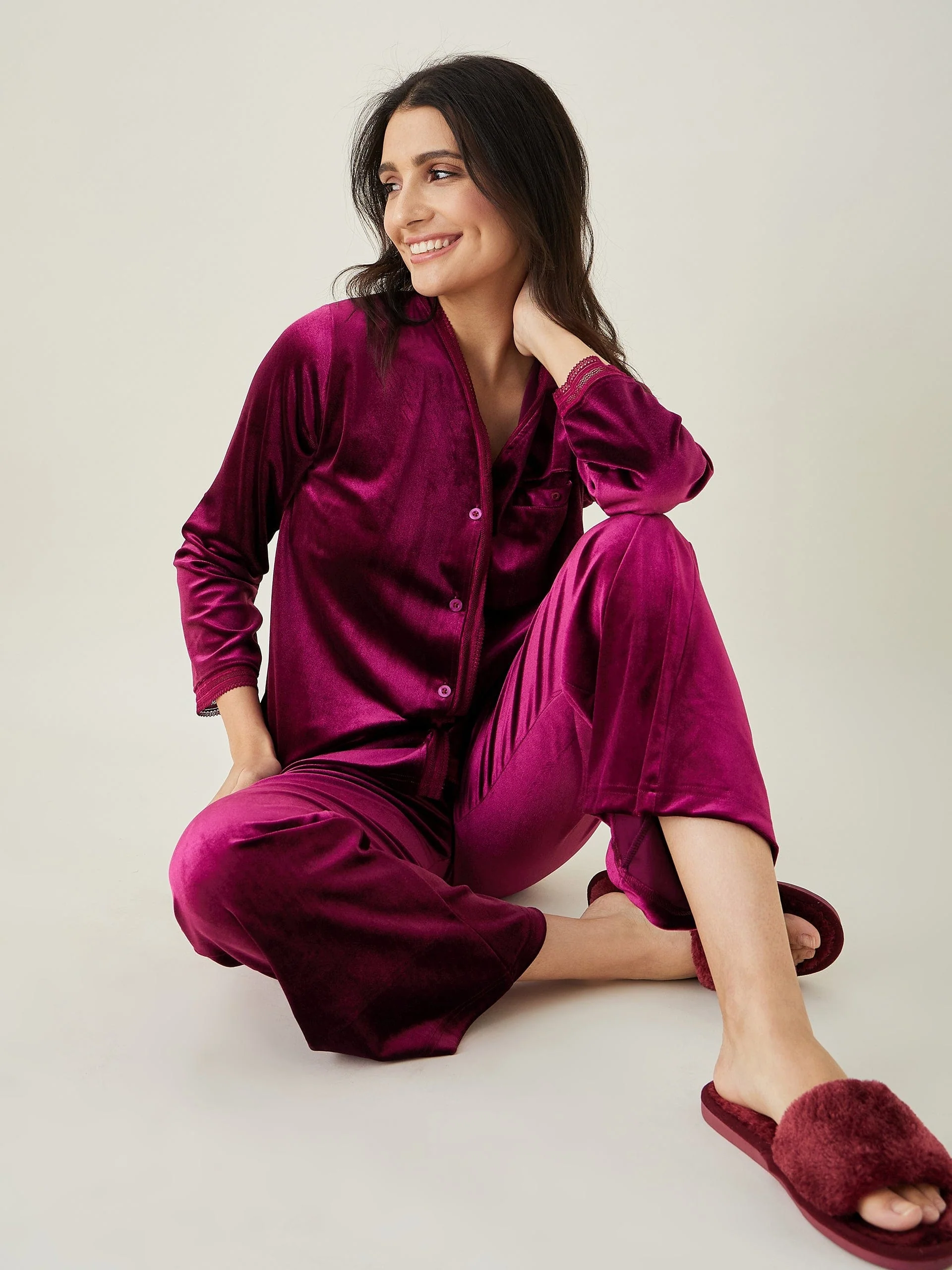 Wine Velvet Lounge Set with Button-Down Shirt - Image 7