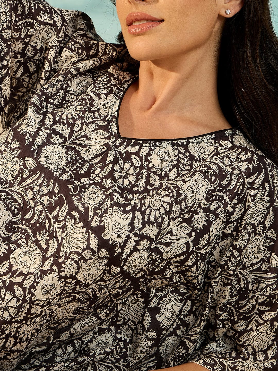 Women Black Floral Print Soft Cotton Kaftan Nightdress - Image 4