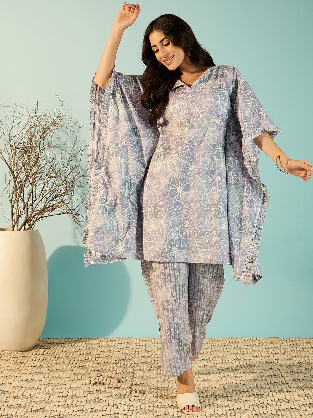 Women Lilac Artisan Print Cotton Kaftan Style Co-Ord Set - Image 2