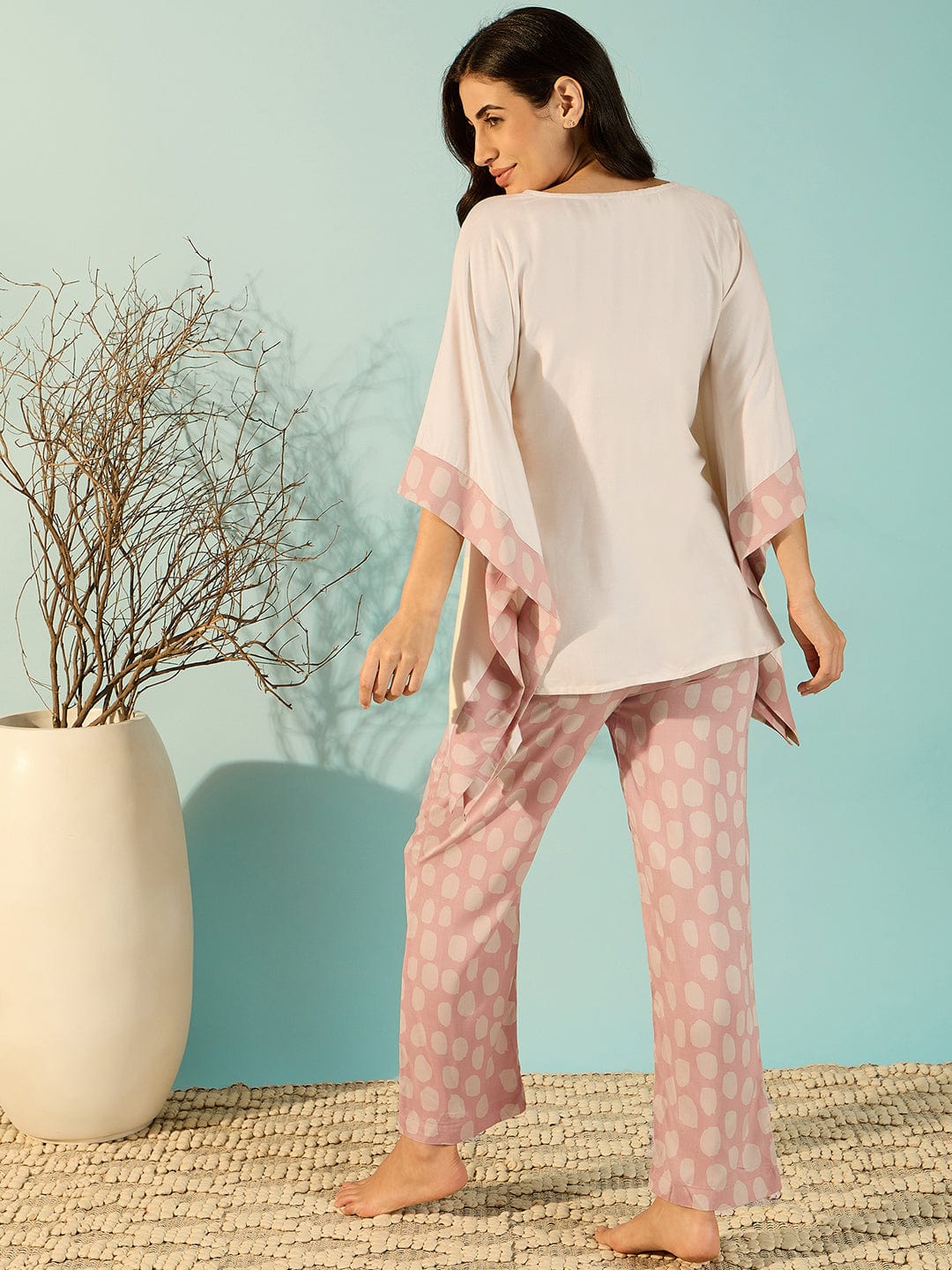 Women Off-White Cozy Modal Pyjama Kaftan Night Suit Set - Image 6