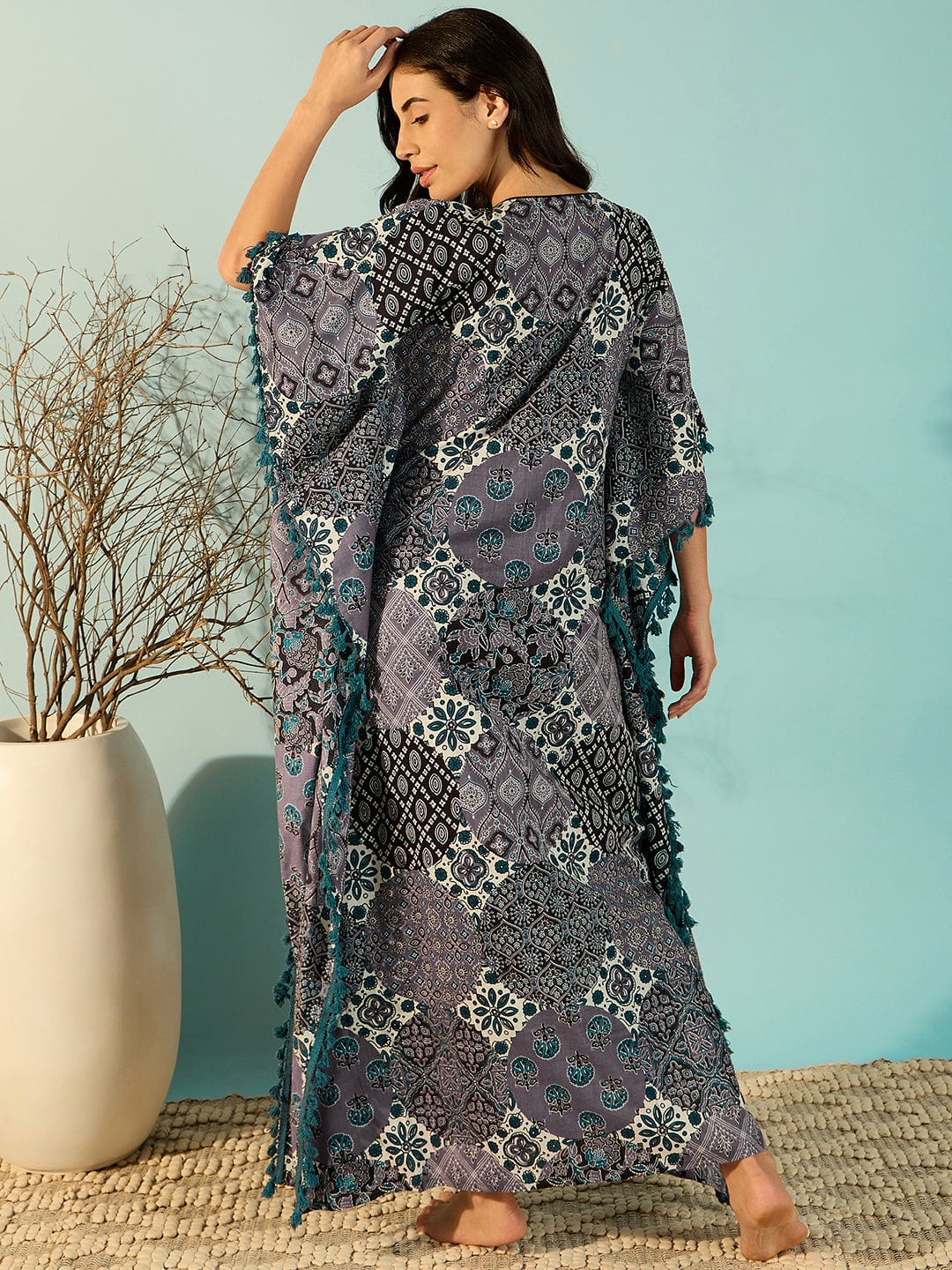 Women Patchwork Printed Purple Cotton Kaftan Nightdress With Fringes - Image 4
