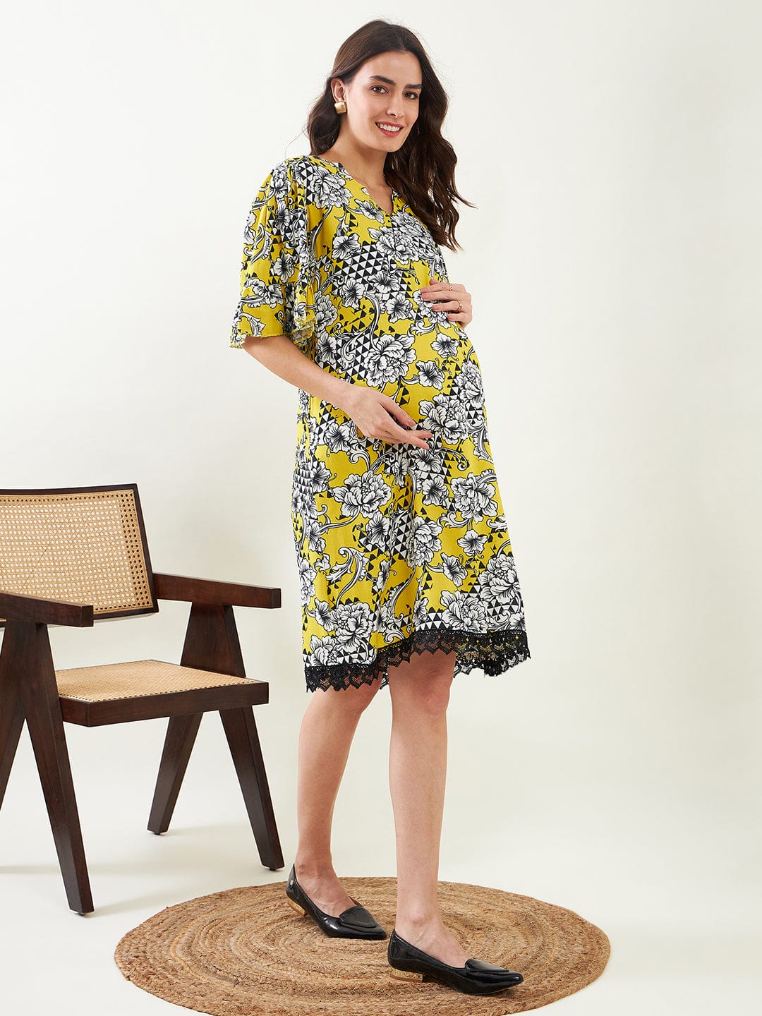 Yellow Abstract Floral Maternity Shift Dress - Image 3
