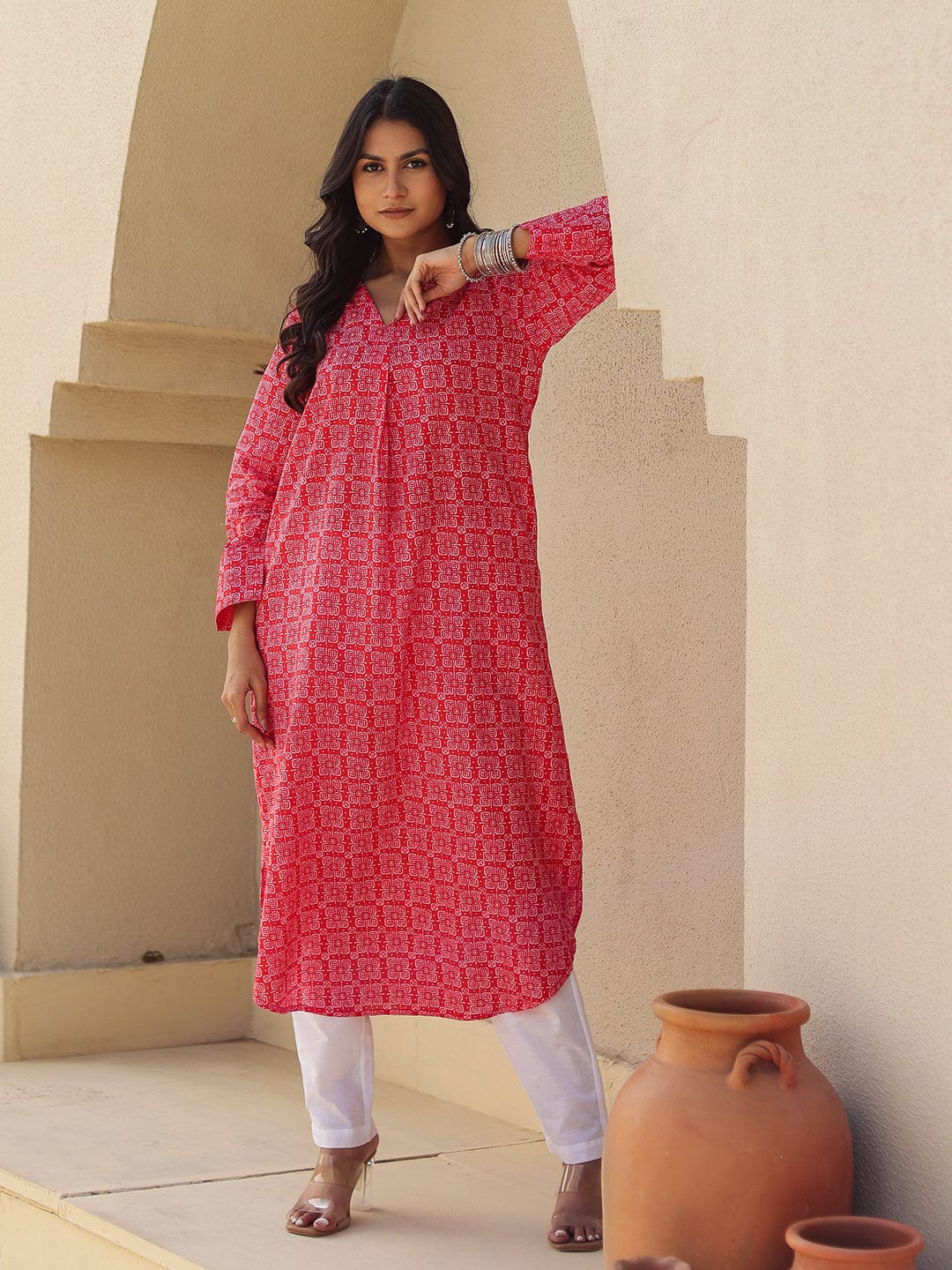 Bold Red Geometric Print Cotton Kurta - Image 6