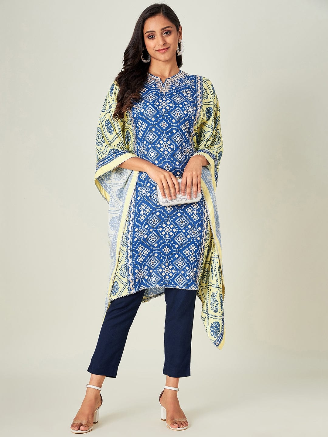 Yellow Blue Bandhani Kaftan Kurta - Image 3