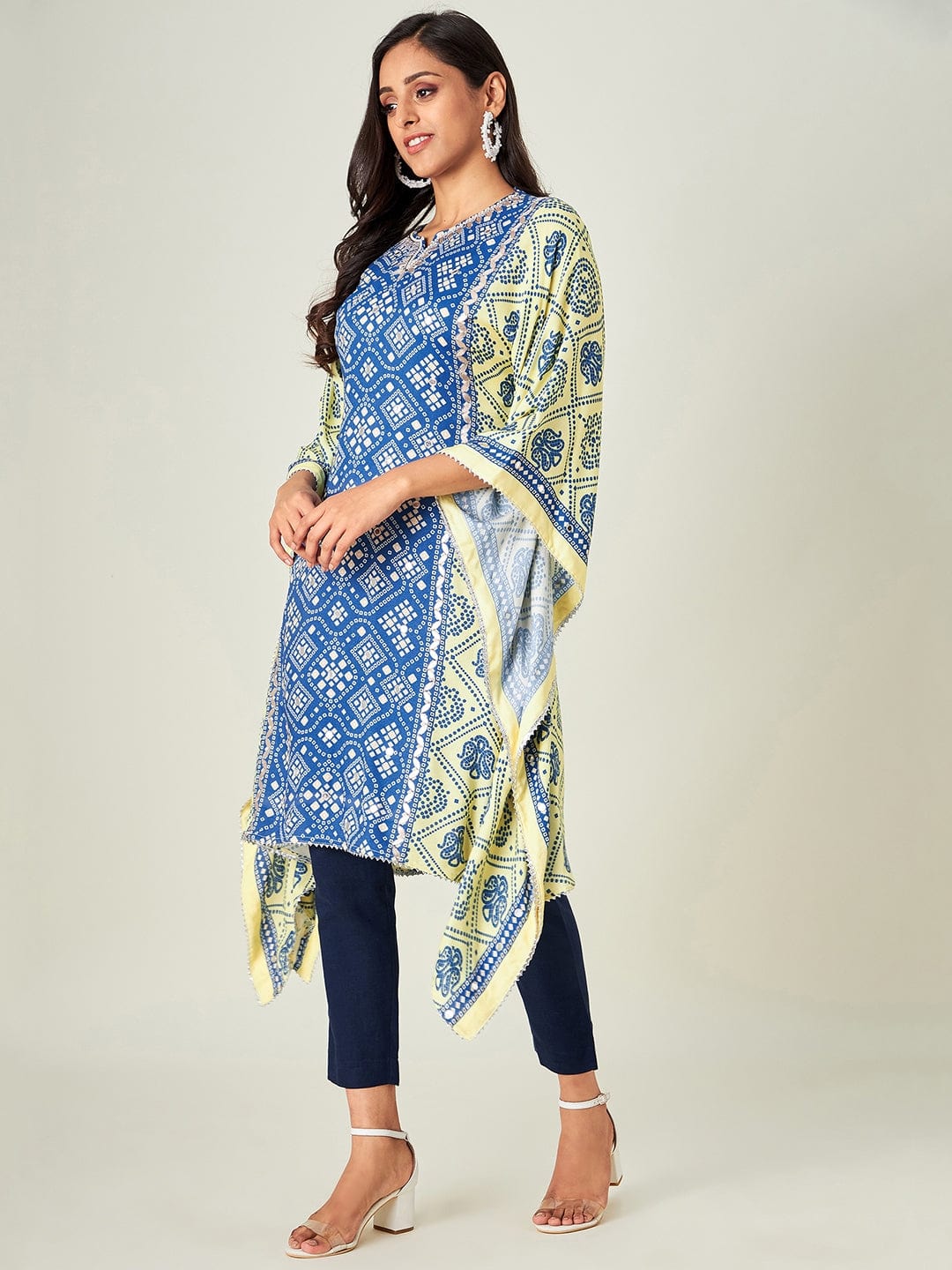 Yellow Blue Bandhani Kaftan Kurta - Image 4