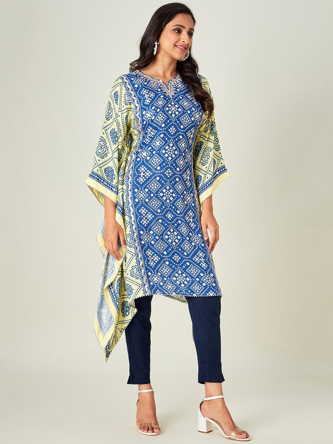 Yellow Blue Bandhani Kaftan Kurta - Image 5