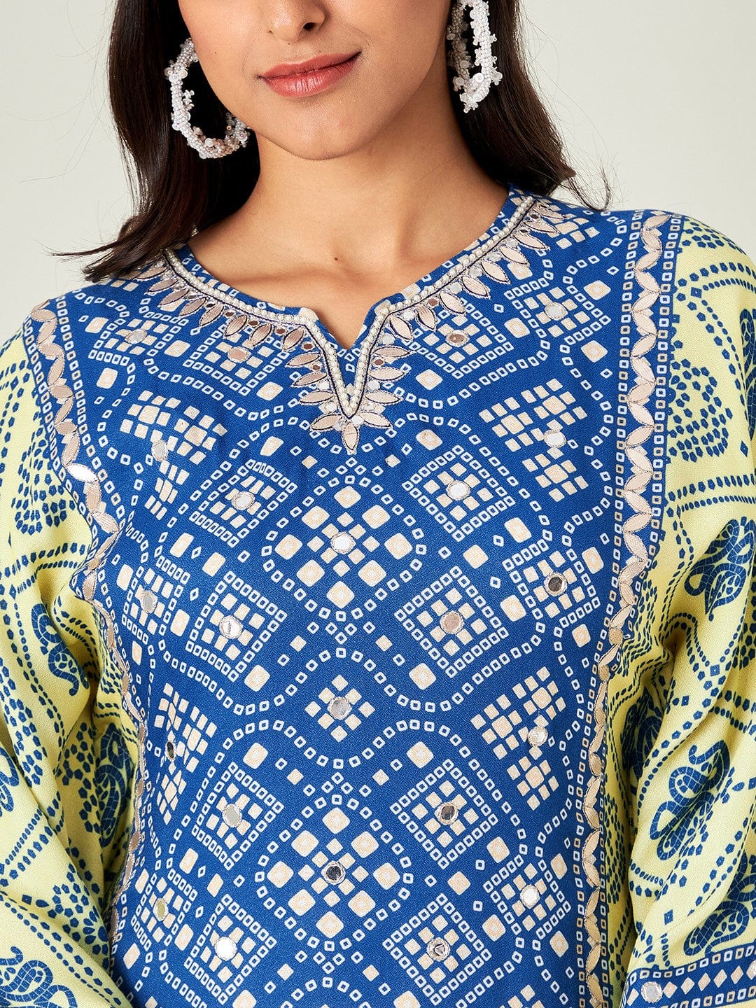 Yellow Blue Bandhani Kaftan Kurta - Image 6