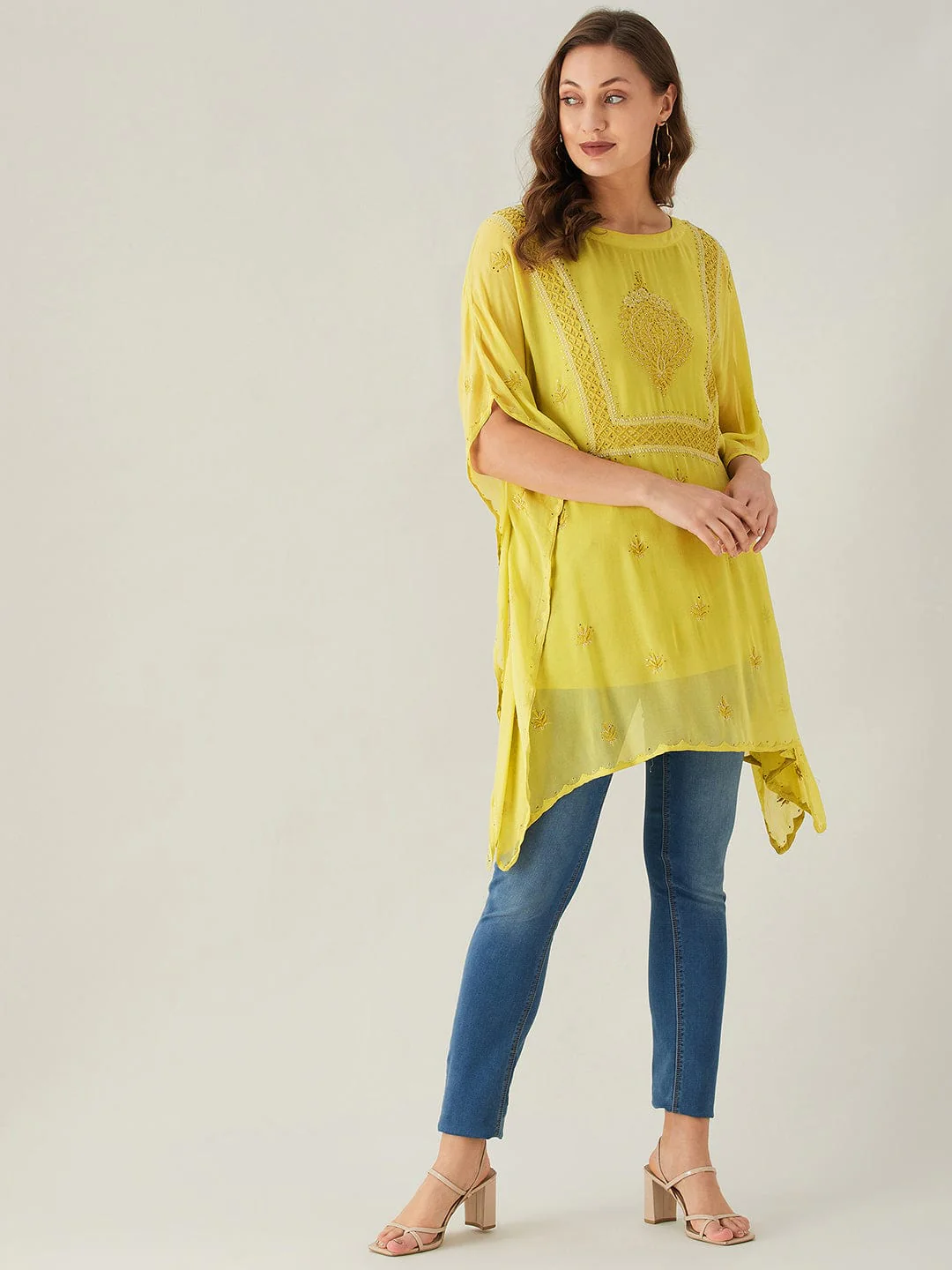 Yellow Chikankari Georgette Kaftan Top - Image 3
