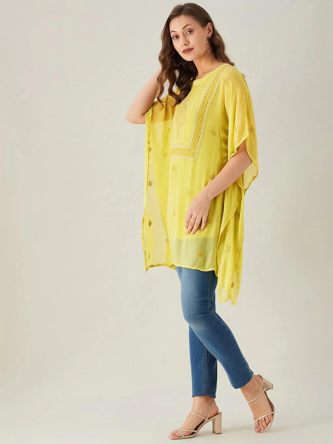 Yellow Chikankari Georgette Kaftan Top - Image 4