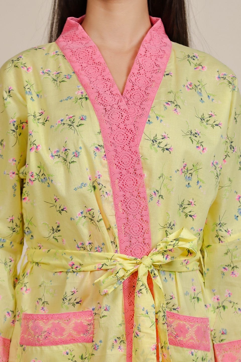 Yellow Floral Cotton Loungewear Gown with Pink Lace Trim - Image 4