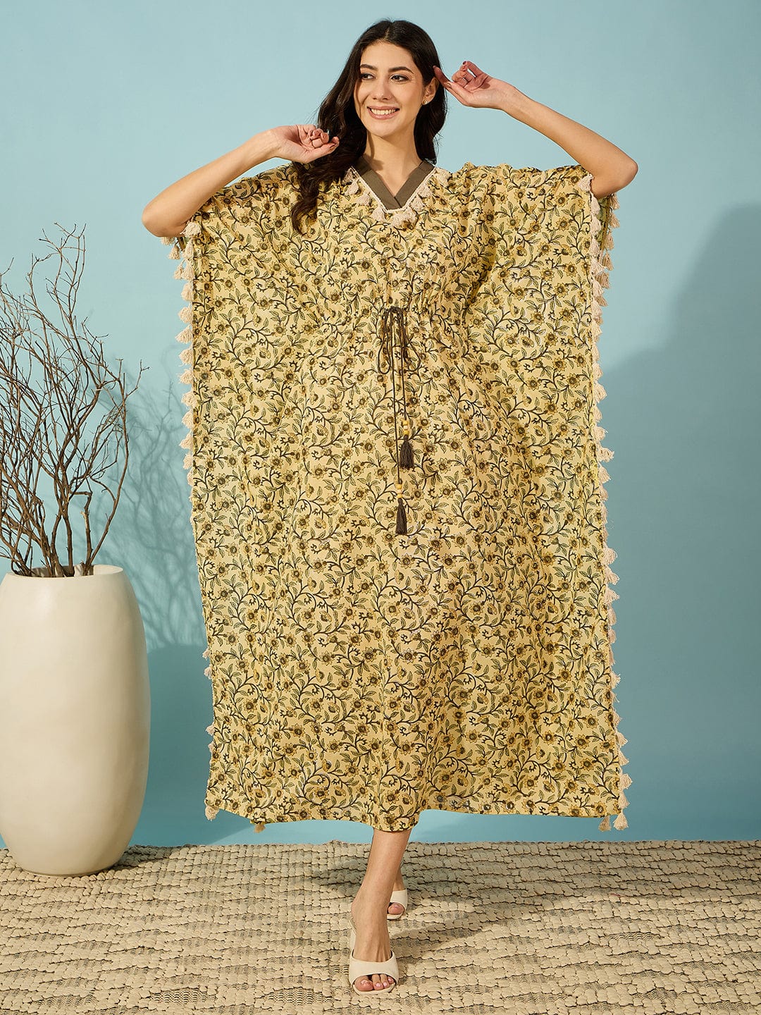 Yellow Floral hand Block Kaftan With Tassel Detail