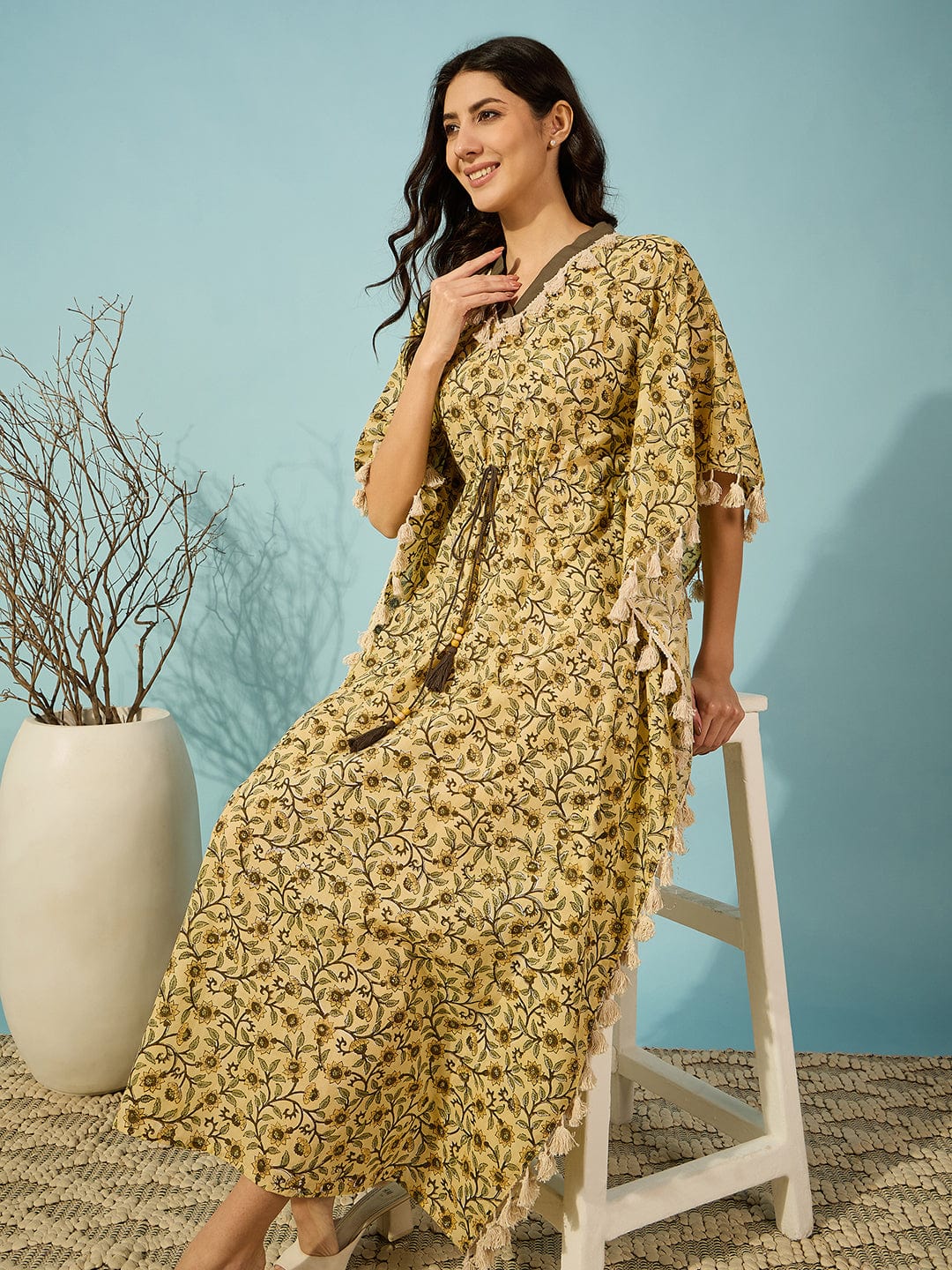 Yellow Floral hand Block Kaftan With Tassel Detail - Image 2