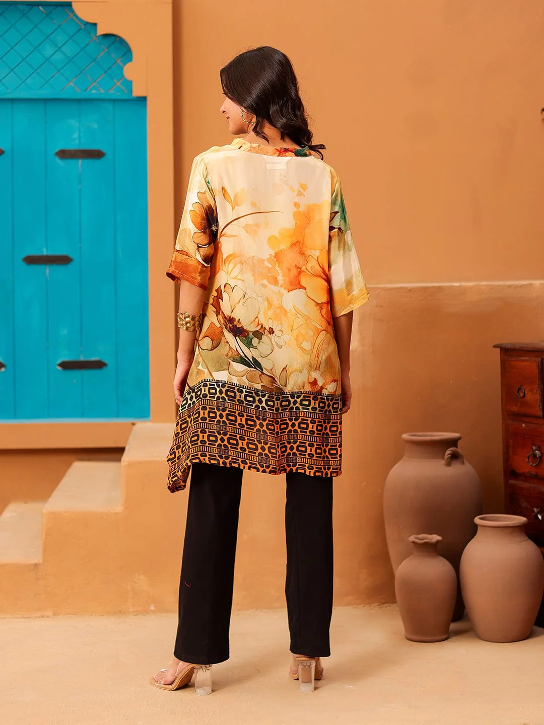 Yellow Floral Printed Natural Crepe Tunic Top - Image 3