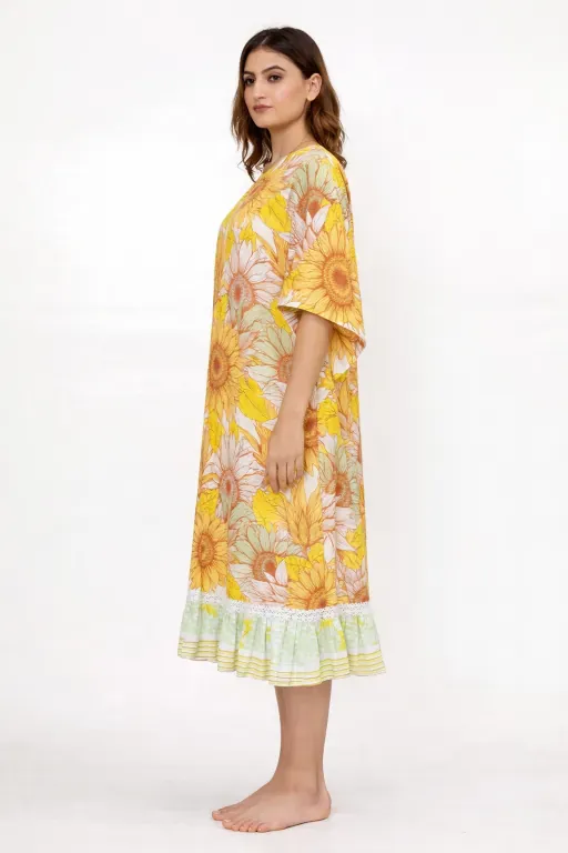 Yellow Floral Viscose Kaftan with Ruffle Hem - Image 2