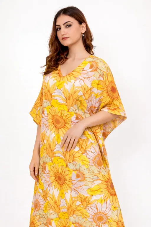 Yellow Floral Viscose Kaftan with Ruffle Hem - Image 3